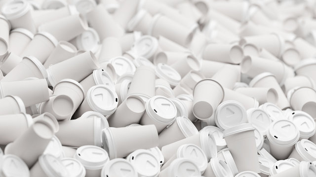 Many disposable coffee mugs as pollution