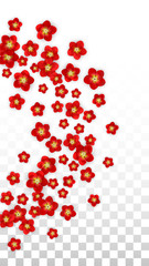 Vector Realistic Red Flowers Falling on Transparent Background.  Spring Romantic Flowers Illustration. Flying Asian Rose Spa Design. Blossom Confetti. Design Elements for Wedding Decoration.