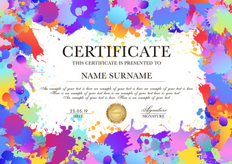 Certificate, Diploma template with colorful pattern background (art paint drops, spots). Vector Rainbow blotch layout (different colors silhouette of splotches) useful for finishing art class, school 