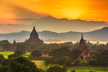 Bagan, Myanmar ancient temple ruins landscape in the archaeological zone