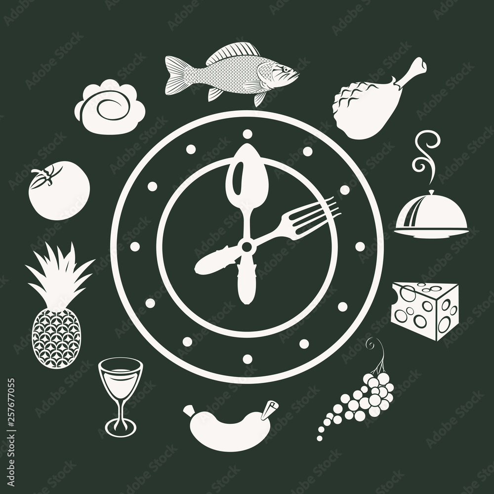 Aufkleber vector banner with a clock in form of plate, clocks hands in the form of fork and spoon and differen