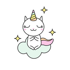 Cute kawaii vector illustration of happy cartoon rainbow cat unicorn doing meditation isolated on white.