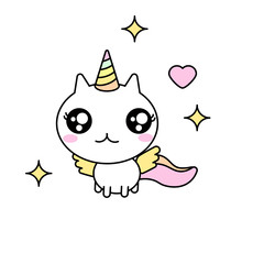 Cute kawaii vector illustration of happy cartoon rainbow cat unicorn with wings isolated on white.