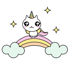 Cute kawaii vector illustration of happy cartoon cat unicorn with wings sitting on rainbow isolated on white.