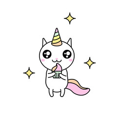 Cute kawaii vector illustration of happy cartoon rainbow cat unicorn holding cupcake isolated on white.