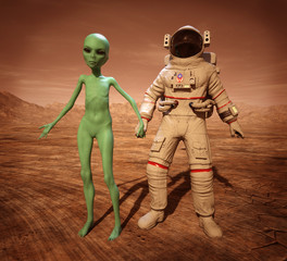 Scene of the Astronaut on Mars and Alien - 3D Illustration