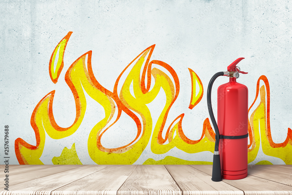 Poster 3d rendering of a fire extinguisher standing at the wall with the drawing of flames on it.