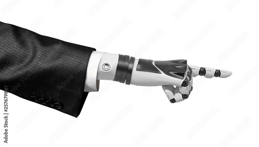 Poster 3d rendering of robotic hand in business suit pointing a finger isolated on white background