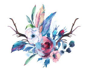 Vintage Watercolor Bouquet of Roses, Anemones, Feathers, Horns and Wildflowers