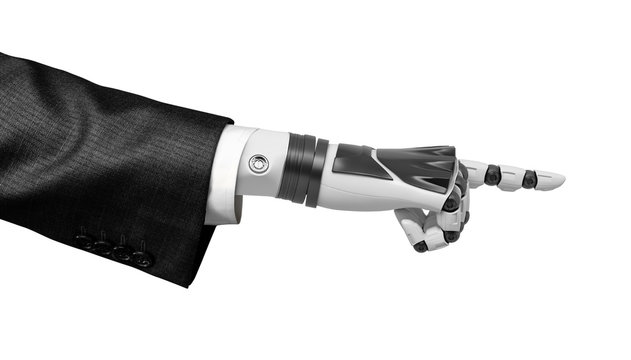 3d rendering of robotic hand in business suit pointing a finger isolated on white background