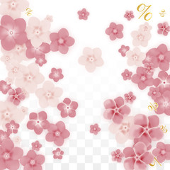 Vector Spring or Summer Sale Background with Flowers and Percent for Banner Design. Good for Special Hot Holiday Discount Offer, Black Friday, Fashion Promotion Action. Romantic Sakura Illustration.