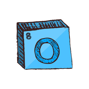 Vector three-dimensional hand drawn chemical blue symbol of oxygen with an abbreviation O from the periodic table of the elements isolated on a white background.