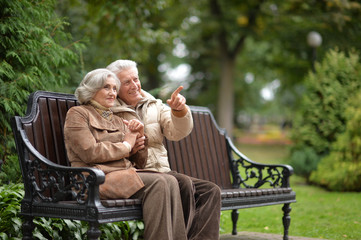 Portrait of couple sitting on wooden bench