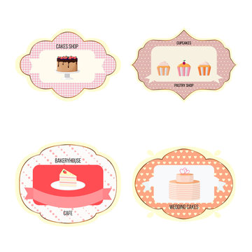 Vector set of shapes, banners with cakes various design elements. For labels, tags, stamps, badges, menu of cakes and pastry shops, bakery and cafe.