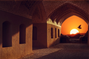 Iran. Yazd. Towers of silence. Sunset and bird on the background of traditional architecture.