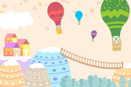 Graphic illustration for kids room wallpaper with house sky full of stars,stairs,hill,and air balloon. Can use for print on the wall, pillows, decoration kids interior, baby wear, t shirt, and card