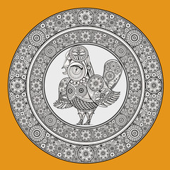 Elegant chicken with a veil in a decorative openwork style with a circular floral ornament. Bird like a bride. Contour element for wedding design. Chicken Art. Vector.