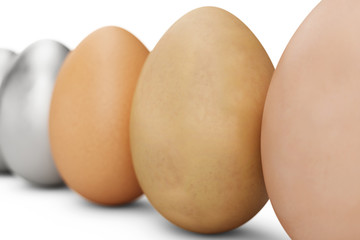 Rows of colorful eggs. Background of eggs. Concept happy easter. Eggs as a symbol of the holiday. Background for healthy food, 3D illustration
