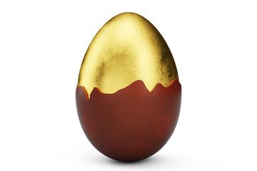 Golden luxury egg covered with chocolate. Easter egg. Broken, cracked chocolate egg. Sweet chocolate egg, holiday and easter symbol, 3D illustration