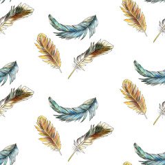 Seamless pattern of colored feathers painted in watercolor