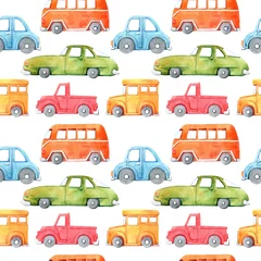 Door stickers Cars Watercolor seamless pattern with cartoon car. Funny cartoon image. Travel conception. Hand painted retro car pattern. Watercolor vintage white background. . Multicolor car texture.
