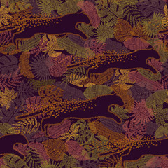 animal seamless pattern, tropical leaf background, illustration