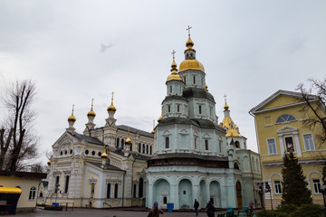 Fototapeta na wymiar Kharkiv, Ukraine: Pokrovksky Monastery, a male orthodox monastery, is the oldest Kharkov building, build in 1689 year. It is right behind Constitution square, in the historical city center