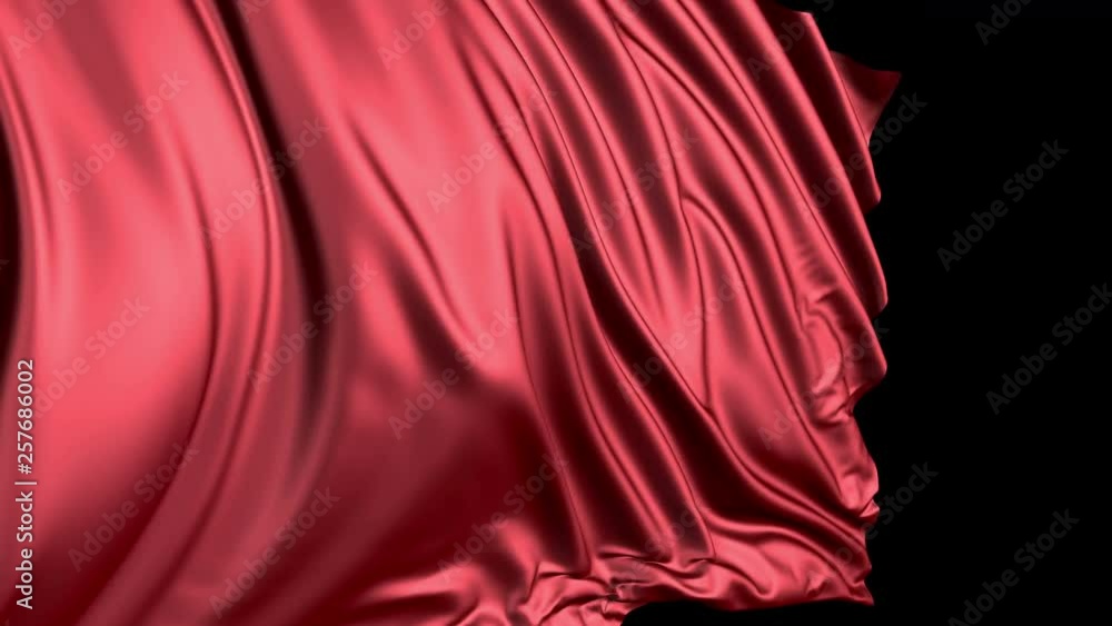 Poster red silk in slow motion. the fabric develops smoothly in the wind. wind waves spread through the fab