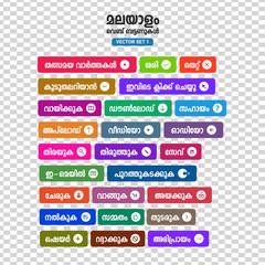 A set of 25 flat Malayalam web buttons with icons related to its function