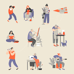 Set of characters engaged in their hobbies. Men and women taking pictures, knitting, floriculture, reading, painting, cooking, flying a kite, sewing and playing guitar.