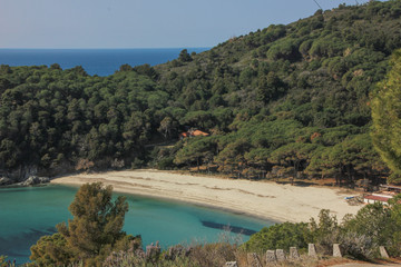 Spiaggia di Fetovaia in inverno, Isola d'Elba. Veduta aerea. Toscana, Italia