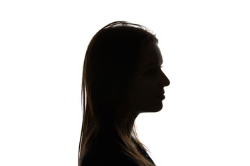 Silhouette of woman with straight hair isolated on white
