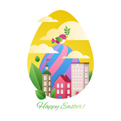 Happy Easter greetings illustration with eggs and city.