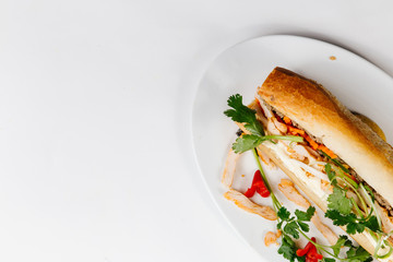 Traditional oriental cuisine of  Vietnam. Sandwiches with meat, tomatoes, chicken, hot pepper and greens on a plate with copy space 