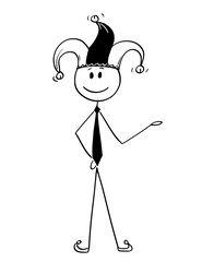 Cartoon stick figure drawing conceptual illustration of smiling man or businessman in jester costume offering or showing something.