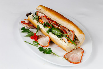 Traditional oriental cuisine of  Vietnam. Sandwiches with meat, tomatoes, chicken, hot pepper and greens on a plate