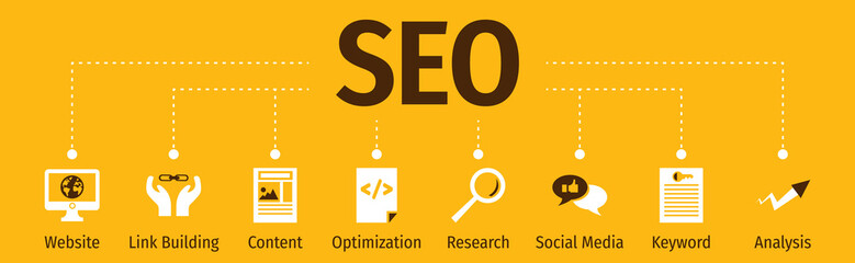 SEO search engine optimization banner web icon for business and marketing, traffic, ranking, optimization, link and keyword. Minimal vector infographic.