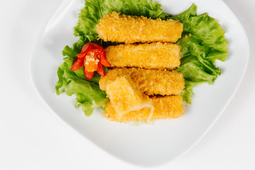 Traditional oriental cuisine of  Vietnam. Tempura cheese nem  in breading on a white background
