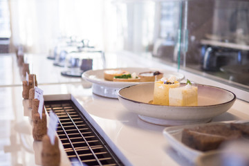 Sweet cake and dessert on a counter bar in cafe