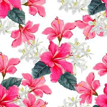 Flower seamless pattern with hibiscus and agapanthus -vector