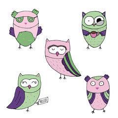 Cute pink and green doodle owls vector set for baby showers, birthdays and invitation designs