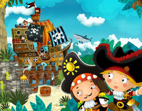cartoon scene with beach shore with wooden traditional pier harbor pirate ship on some tropical island with pirate captains girl and boy - illustration for children