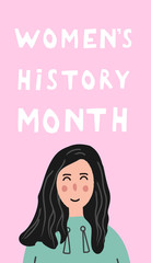 Women's History Month hand lettering on a pink background card, banner, design template, instagram story template.