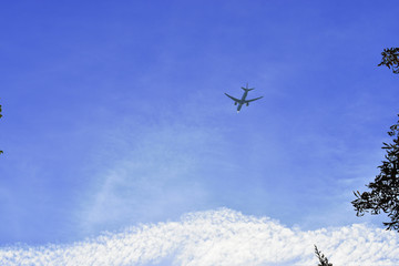 Airplane in the blue sky and cloud.The passenger plane on a background of the dark blue sky.