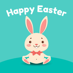 A cute cartoon bunny in a red bow tie is sitting and smiling. Isolated on turquoise background.