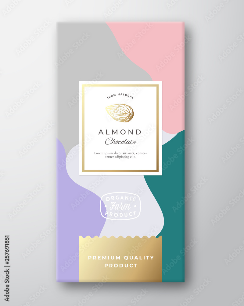 Wall mural almond chocolate label. abstract vector packaging design layout with soft realistic shadows. modern 
