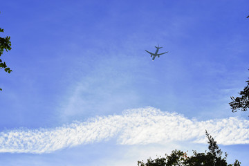 Airplane in the blue sky and cloud.The passenger plane on a background of the dark blue sky.