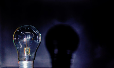 The light bulb is a symbol of ideas, innovations, and new thoughts. 220 volt. Light bulb, business idea concept. A light bulb on a black background to place text or illustration.