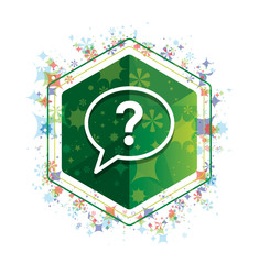 Question mark bubble icon floral plants pattern green hexagon button