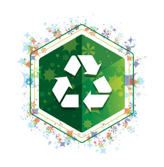 Recycle symbol icon floral plants pattern green hexagon button